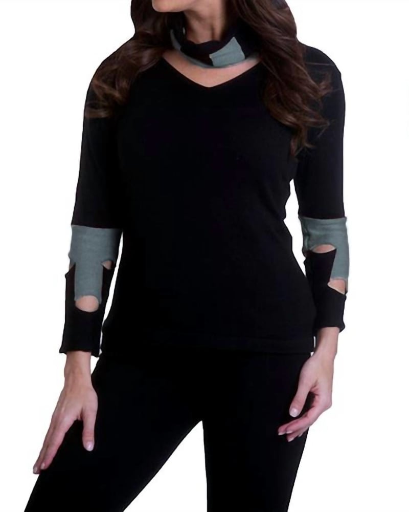 Front of a model wearing a size XL Cut Work Sweater With Scarf in Black/Gray in Black/Gray by ANGEL. | dia_product_style_image_id:327523